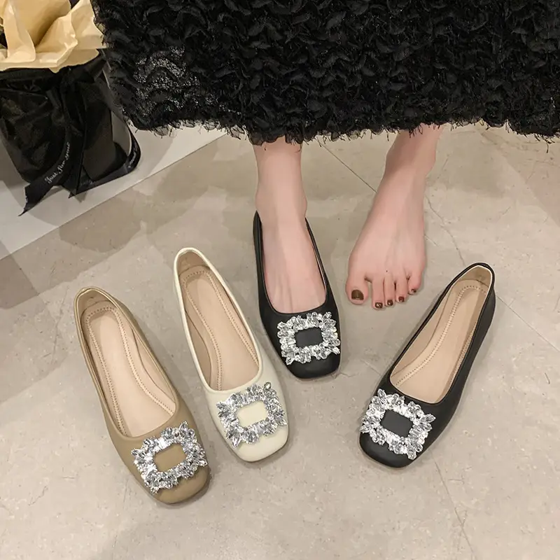 Women Rhinestone Flat Shoes Black Square Toe Slip-On - Image 6
