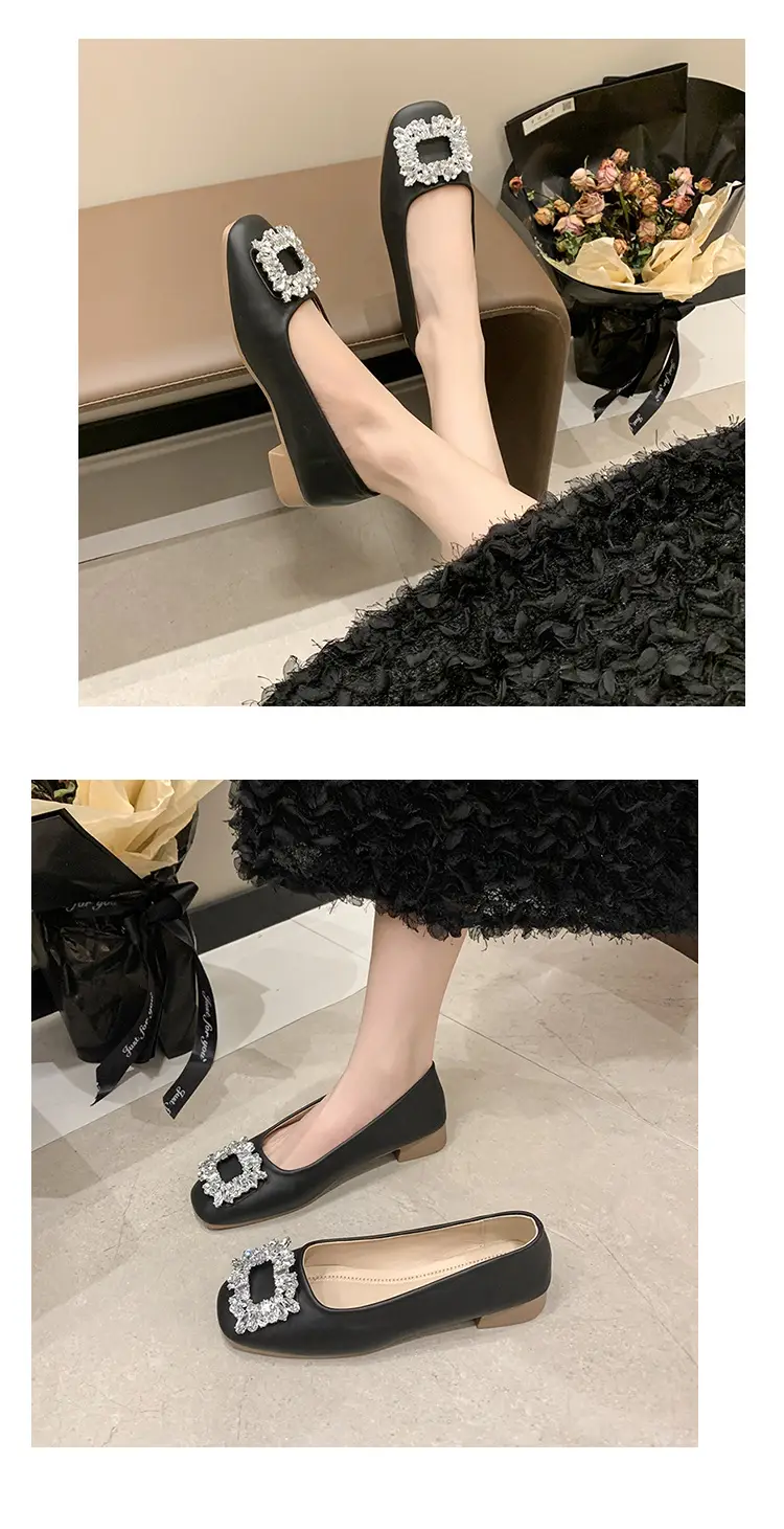 Women Rhinestone Flat Shoes Black Square Toe Slip-On — feature 11