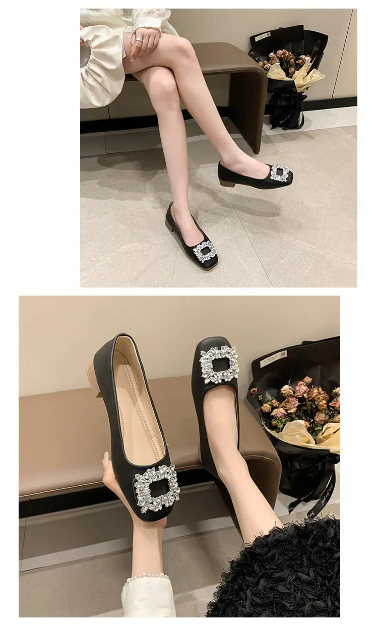 Women Rhinestone Flat Shoes Black Square Toe Slip-On — feature 13