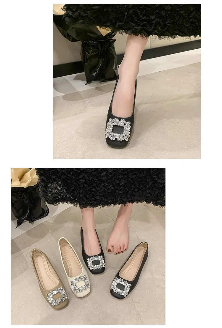 Women Rhinestone Flat Shoes Black Square Toe Slip-On — feature 14