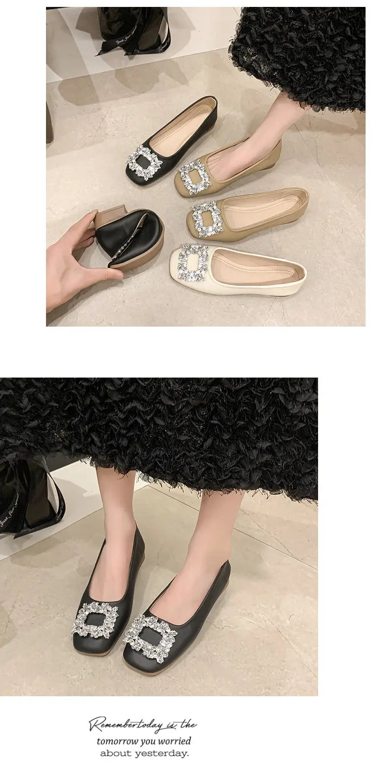 Women Rhinestone Flat Shoes Black Square Toe Slip-On — feature 15