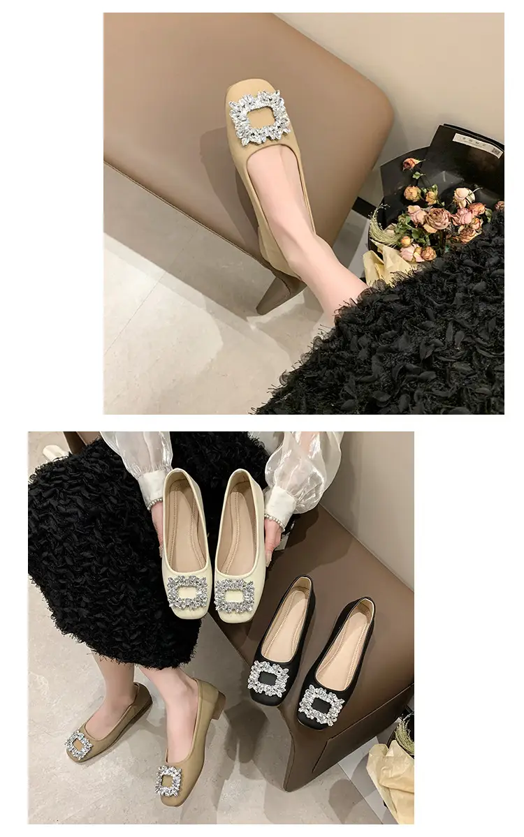 Women Rhinestone Flat Shoes Black Square Toe Slip-On — feature 17