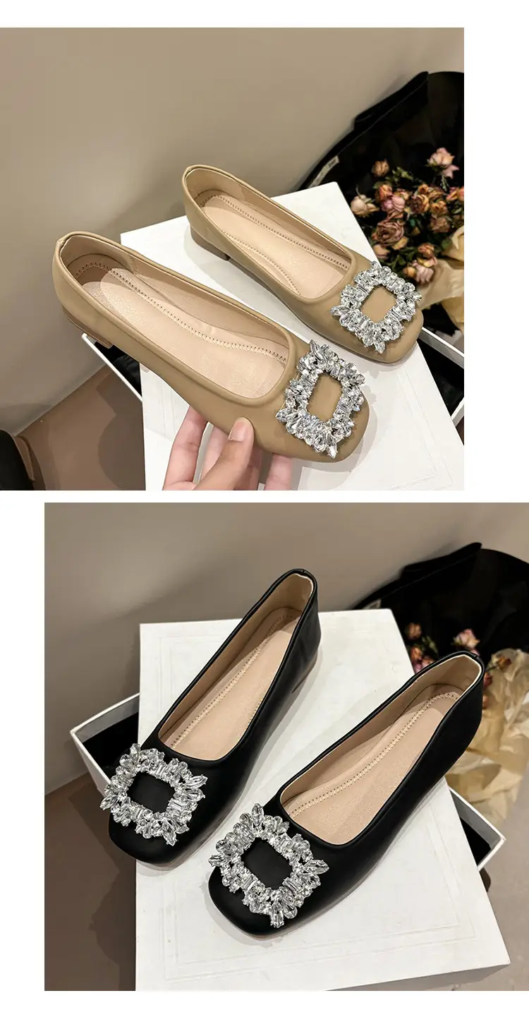 Women Rhinestone Flat Shoes Black Square Toe Slip-On — feature 3