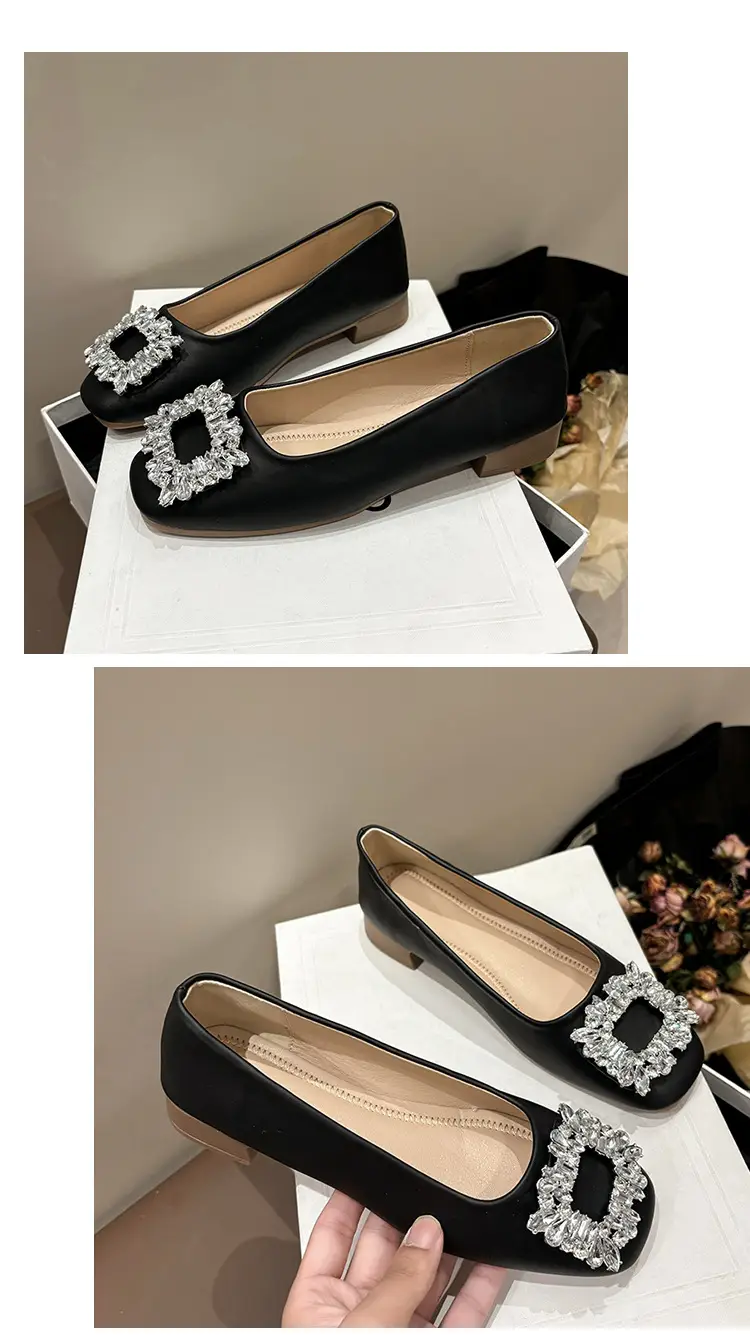 Women Rhinestone Flat Shoes Black Square Toe Slip-On — feature 4
