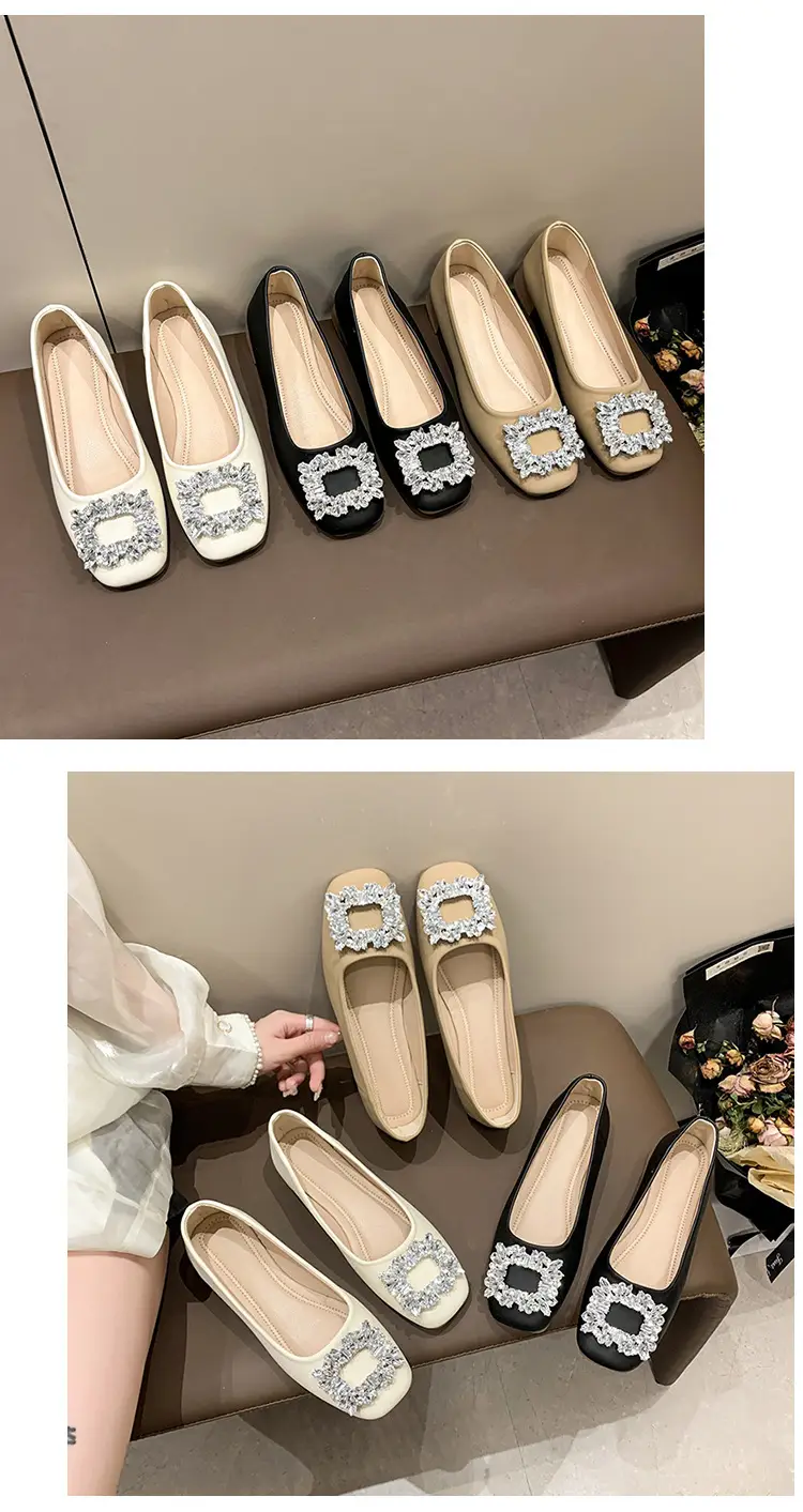 Women Rhinestone Flat Shoes Black Square Toe Slip-On — feature 8