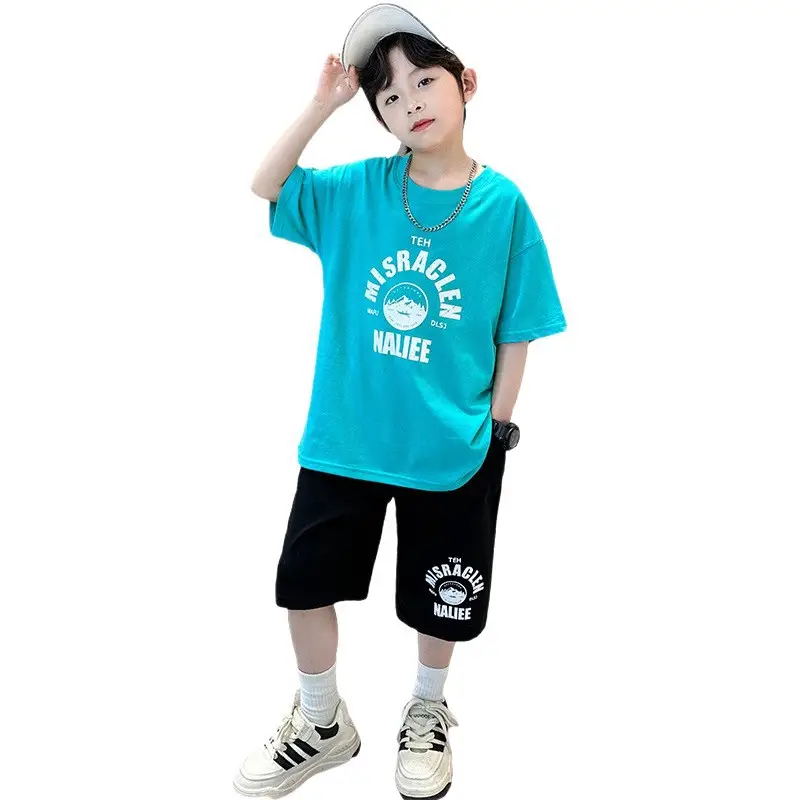2026 Boys Cotton T-Shirt Shorts Set Blue Black - Image 9