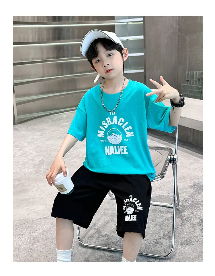 2026 Boys Cotton T-Shirt Shorts Set Blue Black — feature 10