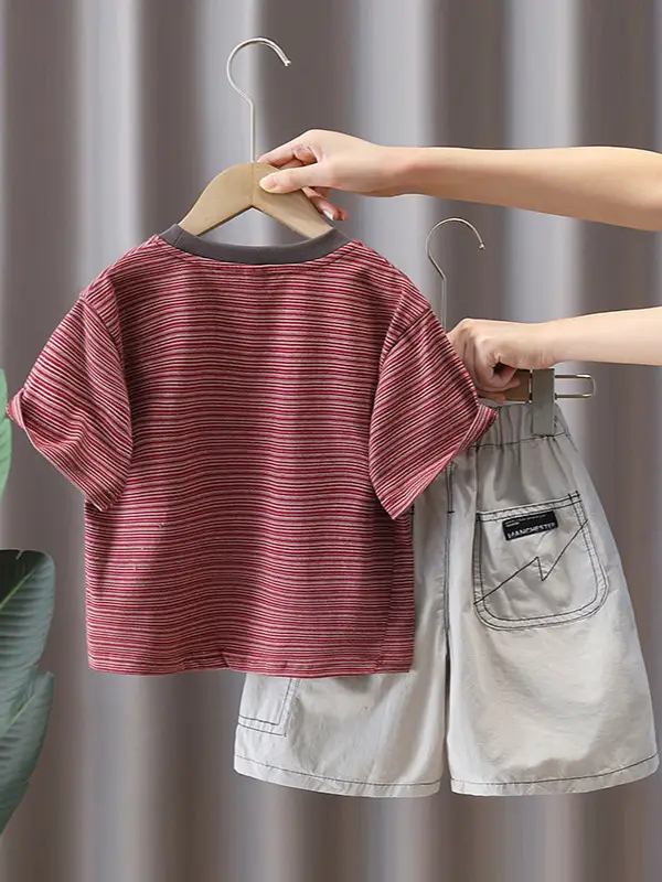 Boys Striped T-Shirt Shorts Set Maroon White Summer 5 - Image 3