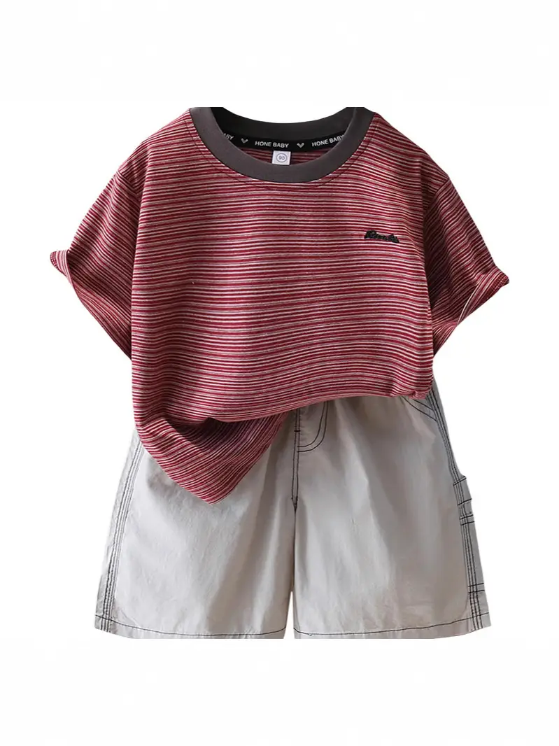 Boys Striped T-Shirt Shorts Set Maroon White Summer 5 - Image 6