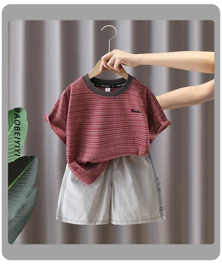 Boys Striped T-Shirt Shorts Set Maroon White Summer 5 — feature 1