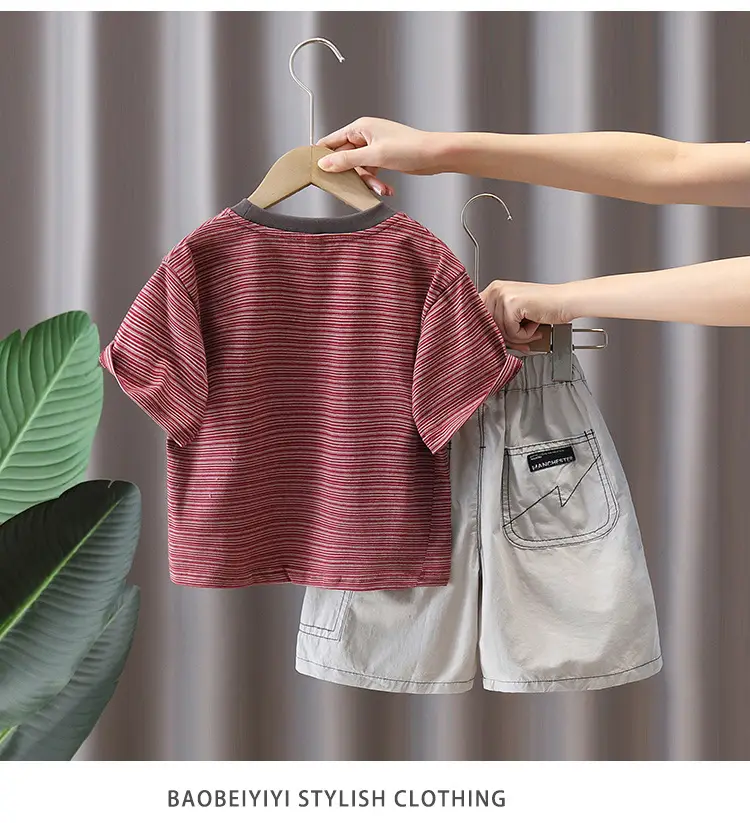 Boys Striped T-Shirt Shorts Set Maroon White Summer 5 — feature 11