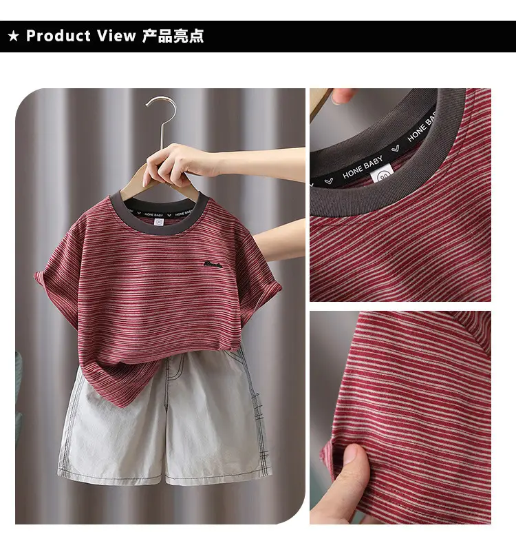 Boys Striped T-Shirt Shorts Set Maroon White Summer 5 — feature 4