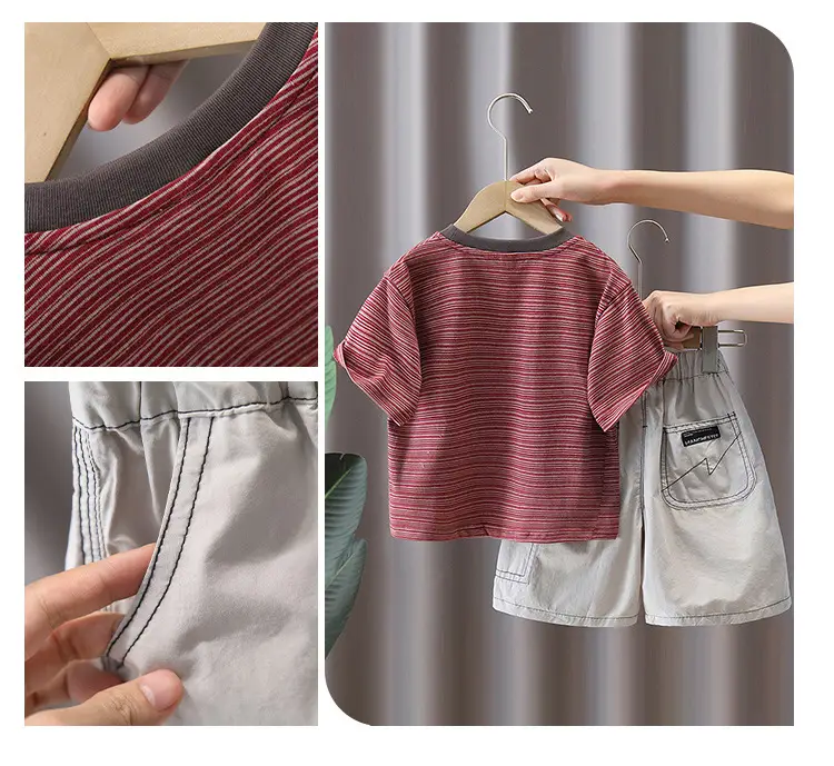 Boys Striped T-Shirt Shorts Set Maroon White Summer 5 — feature 5