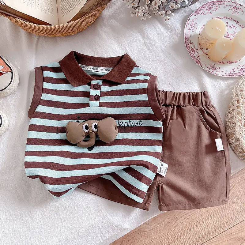 Children's Striped Polo Suit Brown Cotton Kids 2025 - Image 3
