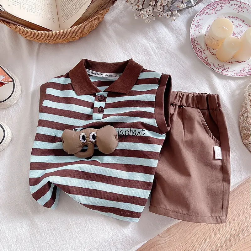 Children's Striped Polo Suit Brown Cotton Kids 2025 - Image 5
