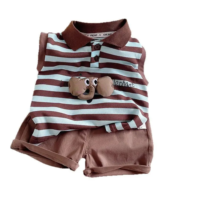 Children's Striped Polo Suit Brown Cotton Kids 2025 - Image 6