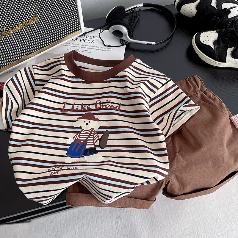 Striped Cotton T-Shirt for Boys Girls Brown Striped