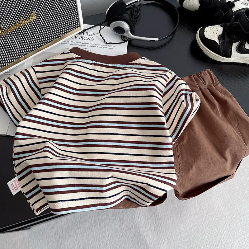 Striped Cotton T-Shirt for Boys Girls Brown Striped