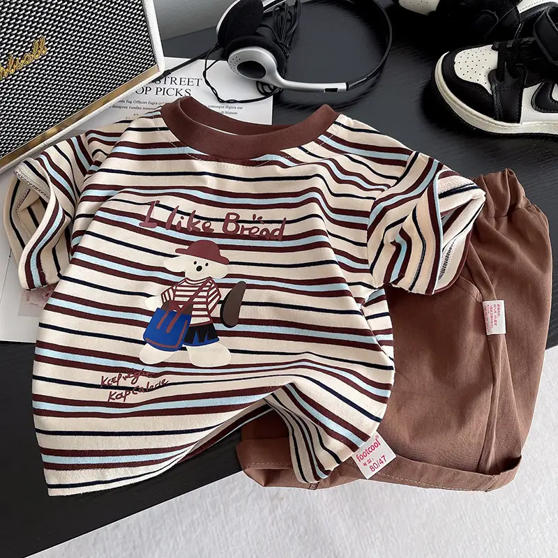 Striped Cotton T-Shirt for Boys Girls Brown Striped — feature 1