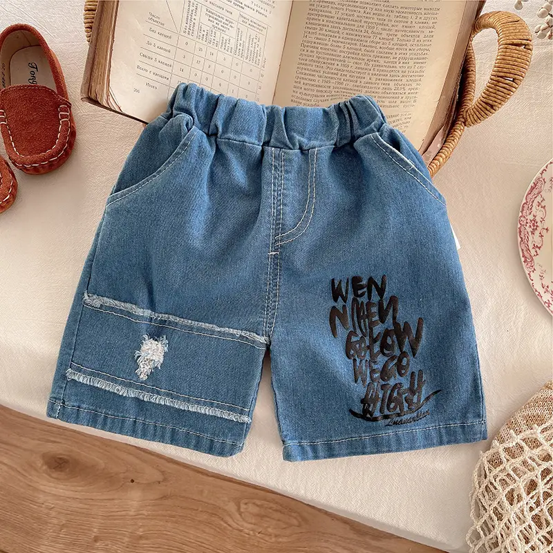 Boys Blue Denim Shorts with "New Look" Print 2025 Summer — feature 4