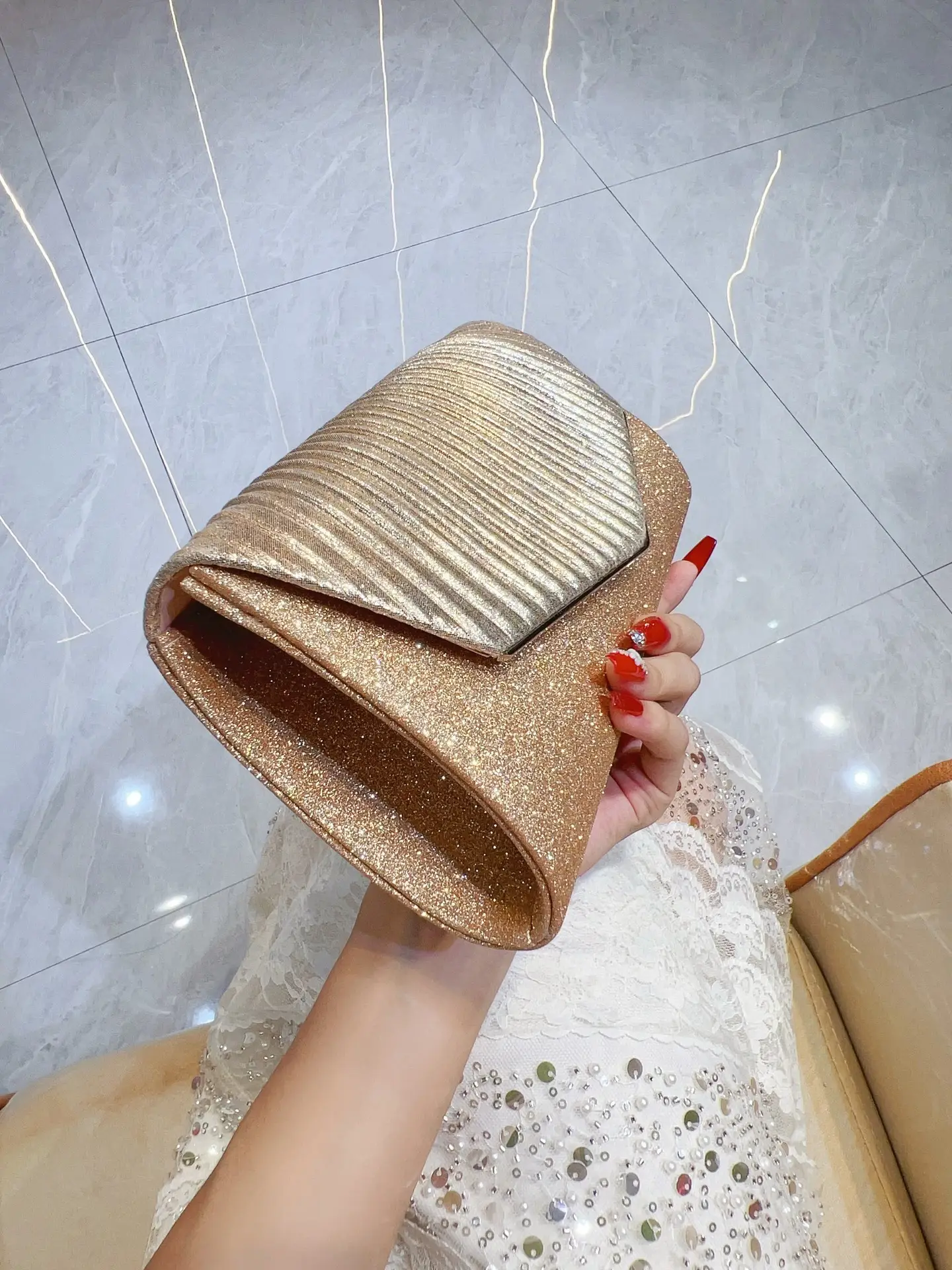 Glitter Pleated Shoulder Clutch Bag for Women - Image 6