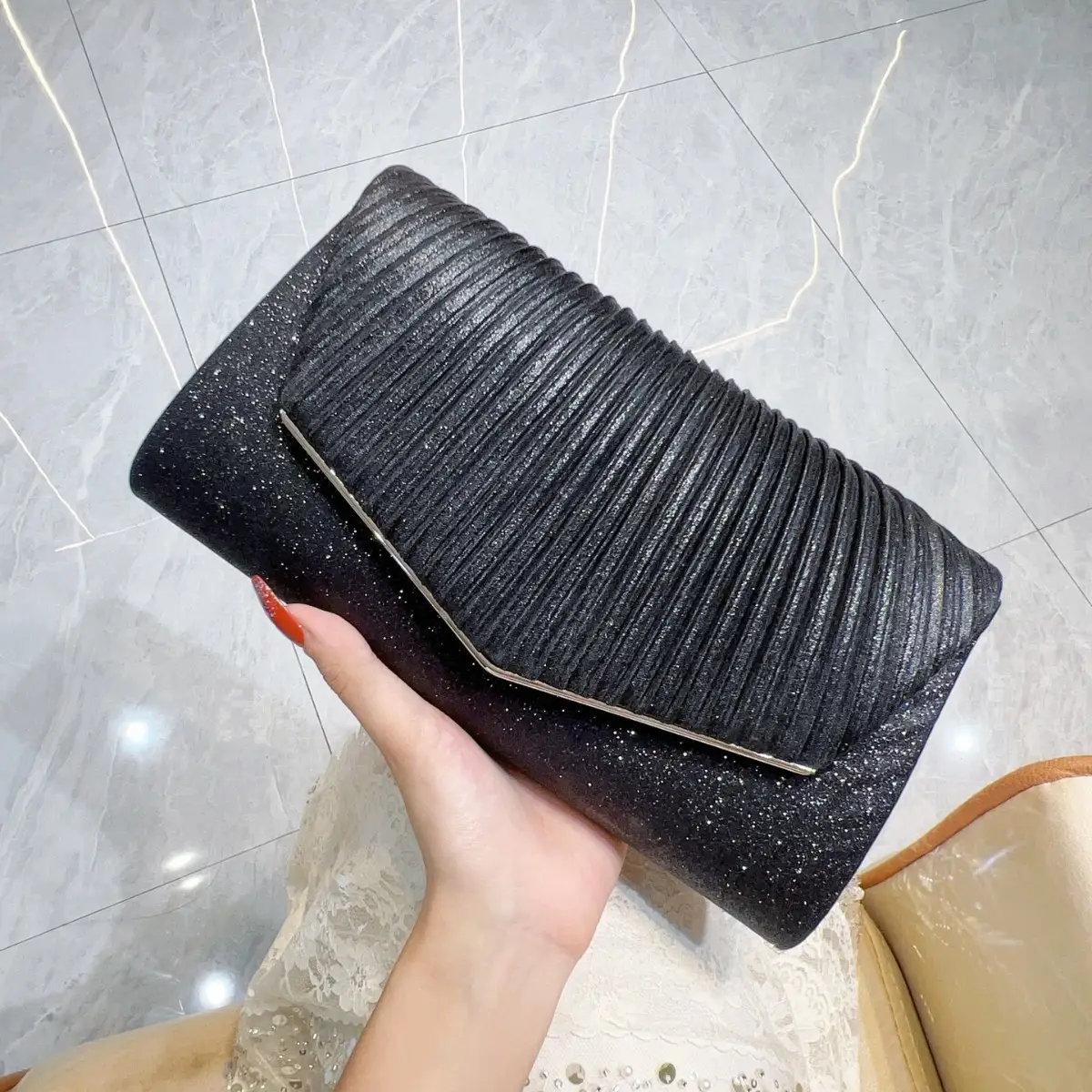 Glitter Pleated Shoulder Clutch Bag for Women - Image 2