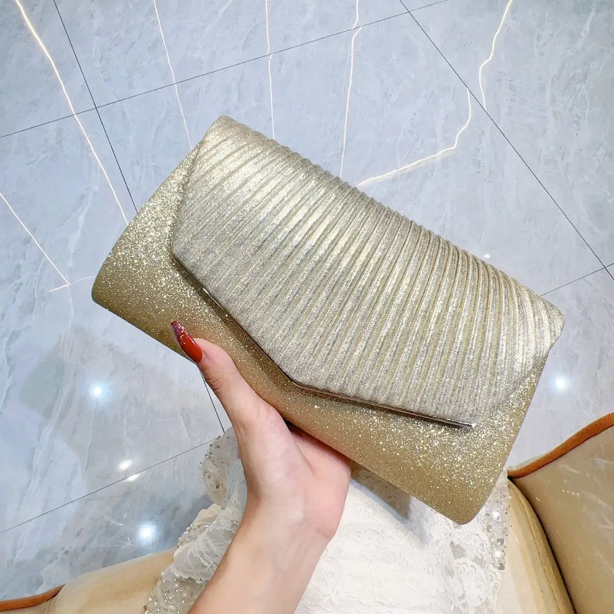 Glitter Pleated Shoulder Clutch Bag for Women - Image 4