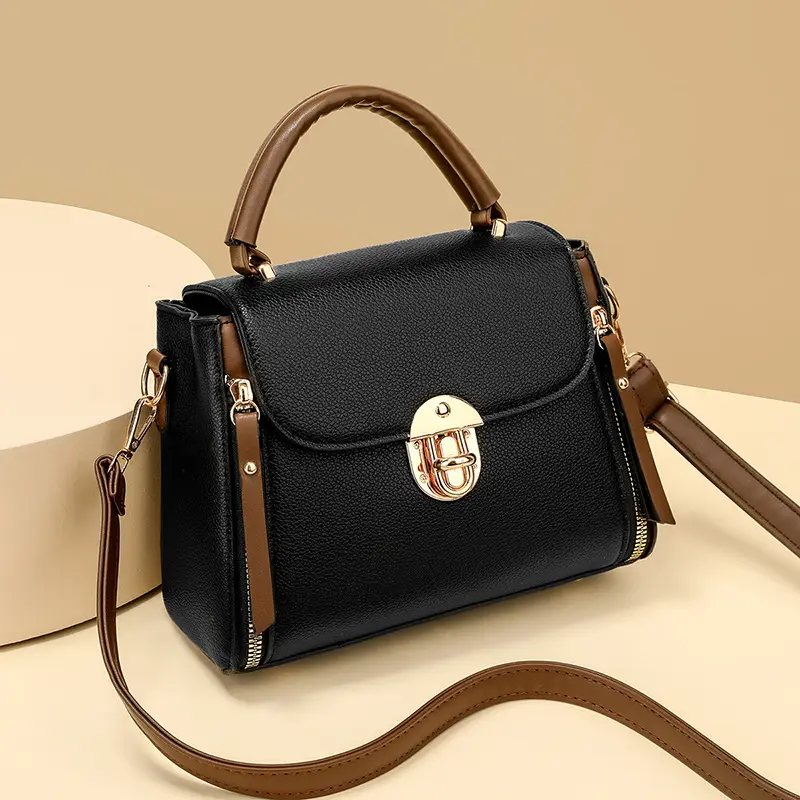 Retro Simple Lock Bag Women's Beige Satchel Crossbody - Image 4