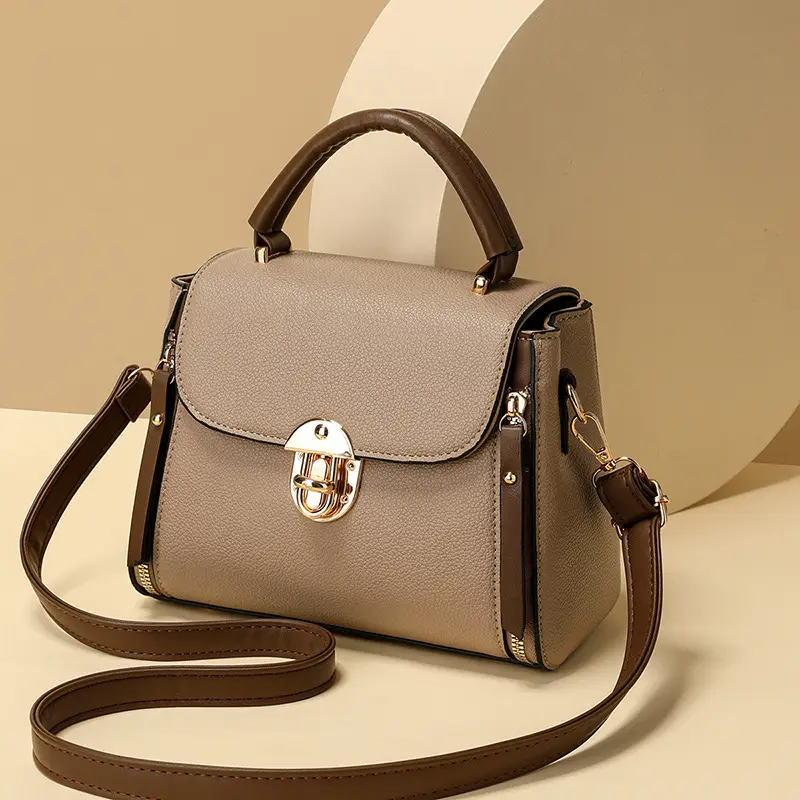 Retro Simple Lock Bag Women's Beige Satchel Crossbody - Image 5