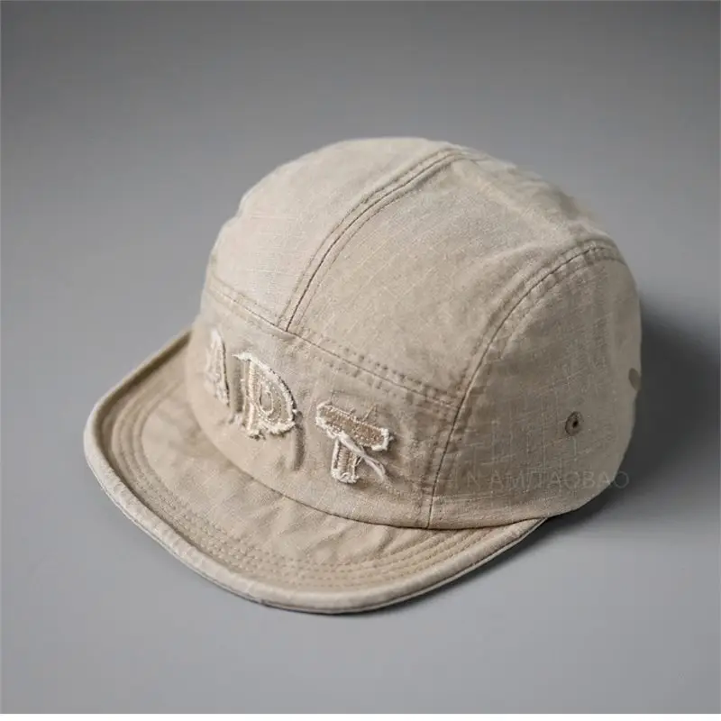 Men Women Retro Letter Patch Baseball Cap Beige