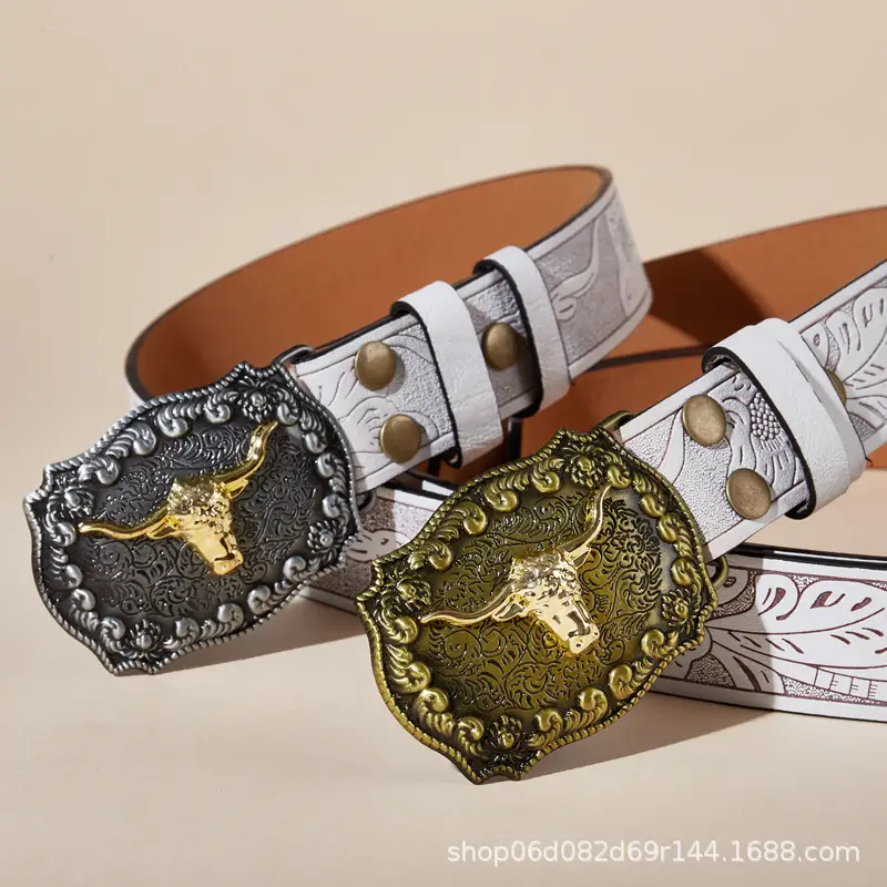 Vintage Western Denim Belt with Big Buckle White - Image 52
