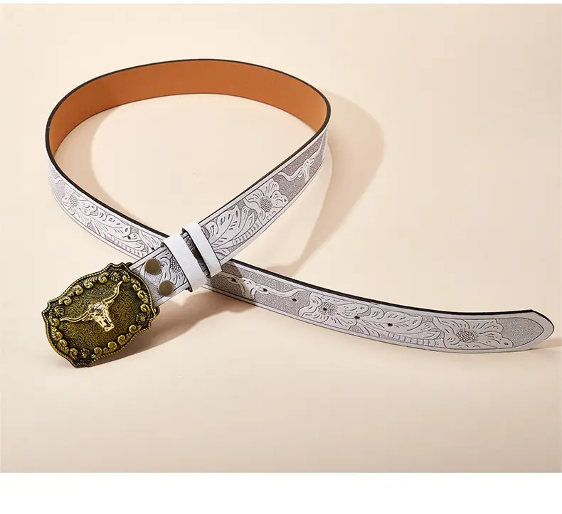 Vintage Western Denim Belt with Big Buckle White — feature 13