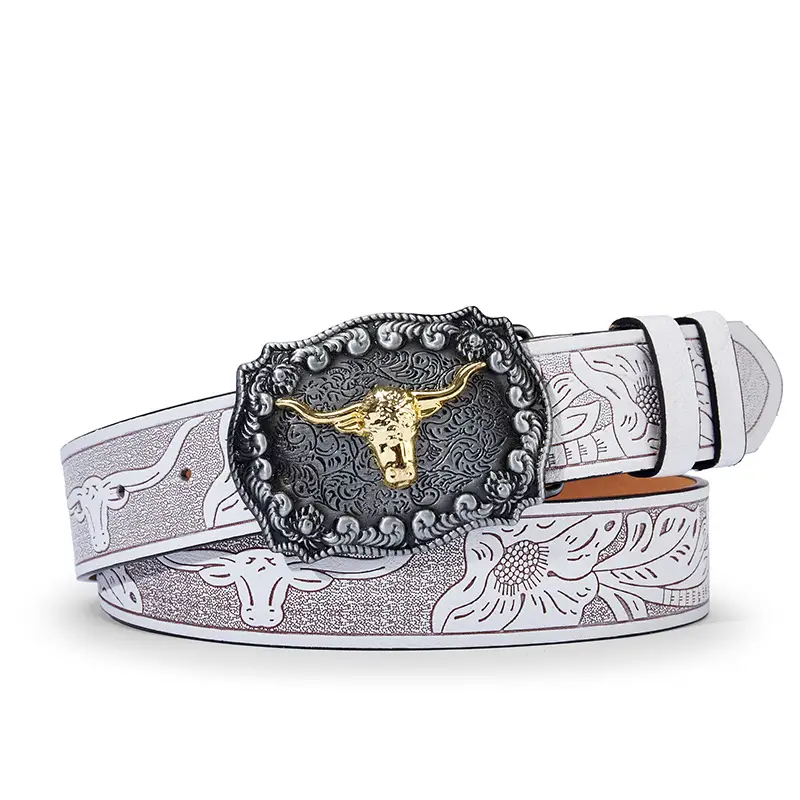 Vintage Western Denim Belt with Big Buckle White - Image 2