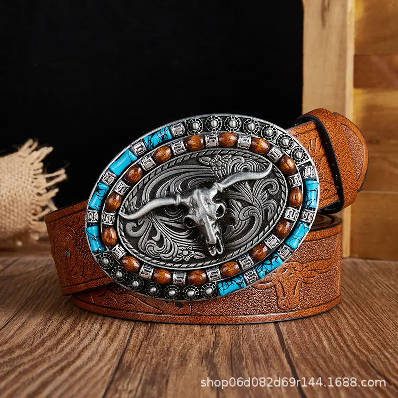 Vintage Western Denim Belt with Big Buckle White - Image 21