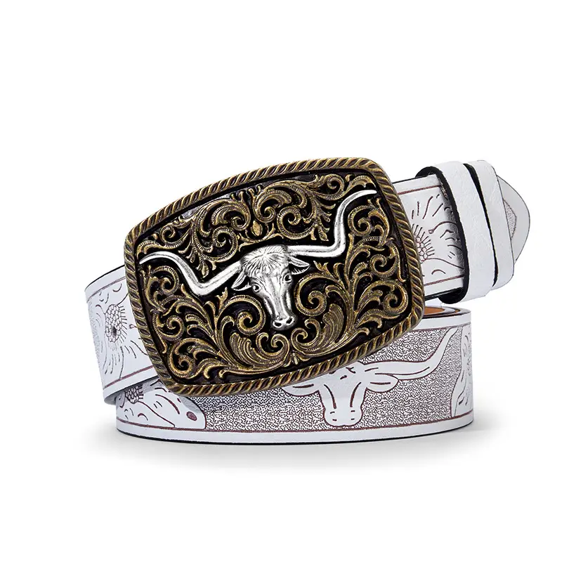 Vintage Western Denim Belt with Big Buckle White - Image 3