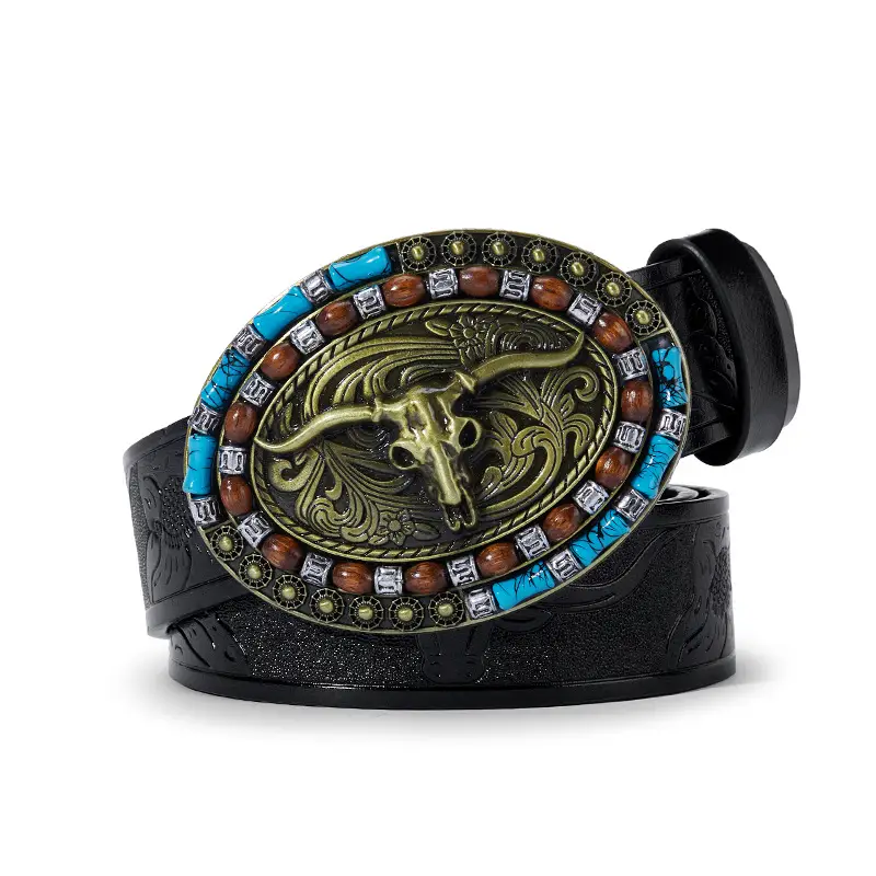 Vintage Western Denim Belt with Big Buckle White - Image 36