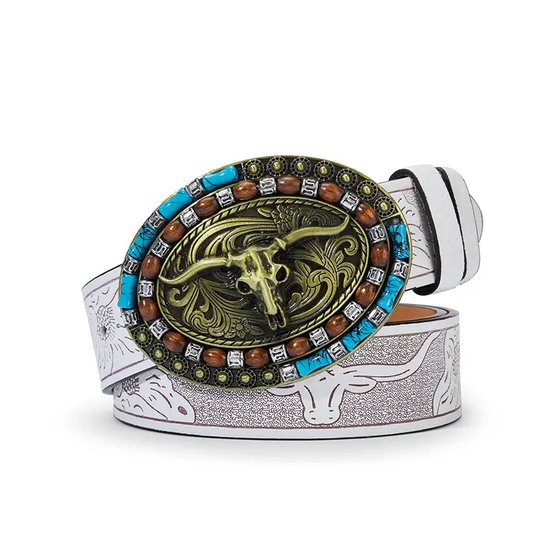 Vintage Western Denim Belt with Big Buckle White - Image 5