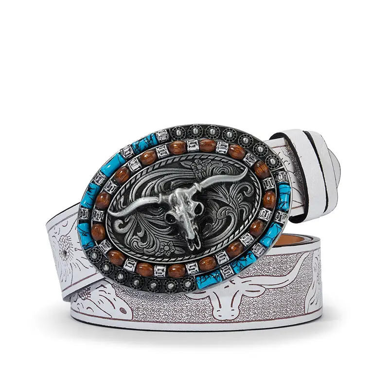 Vintage Western Denim Belt with Big Buckle White - Image 6