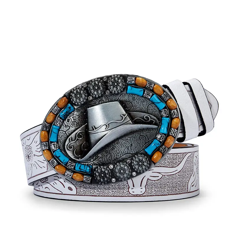 Vintage Western Denim Belt with Big Buckle White - Image 8