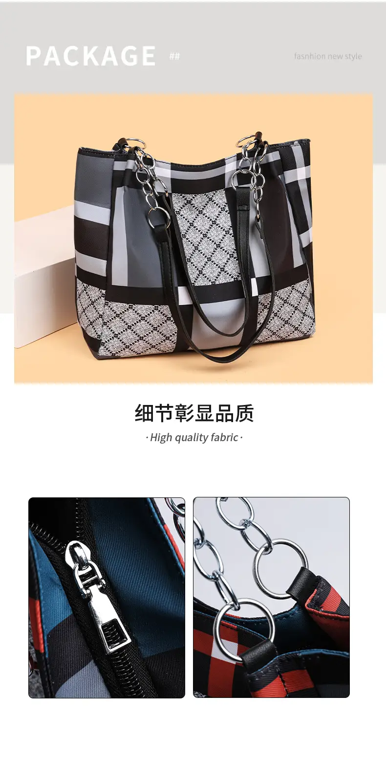New Foreign Trade Nylon Plaid Large Tote Bag Women — feature 10