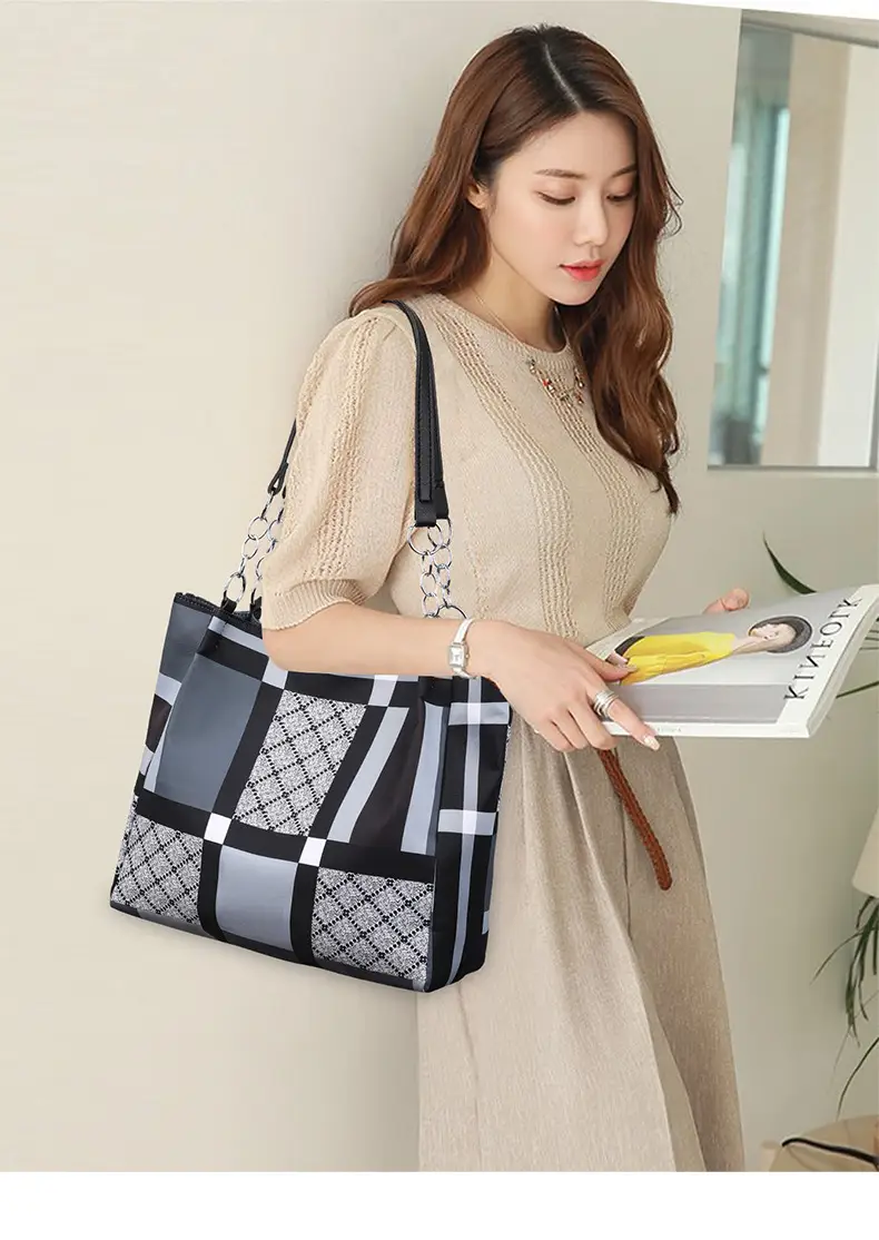 New Foreign Trade Nylon Plaid Large Tote Bag Women — feature 16
