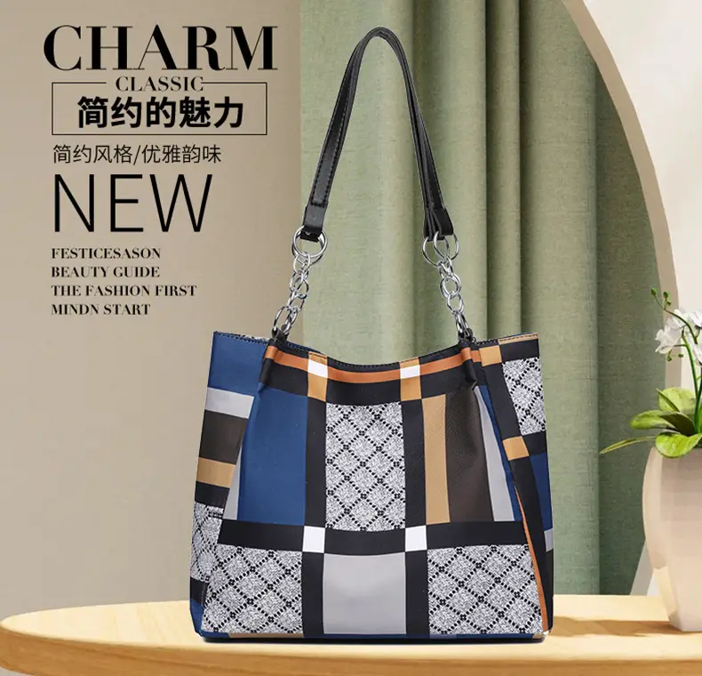 New Foreign Trade Nylon Plaid Large Tote Bag Women — feature 6