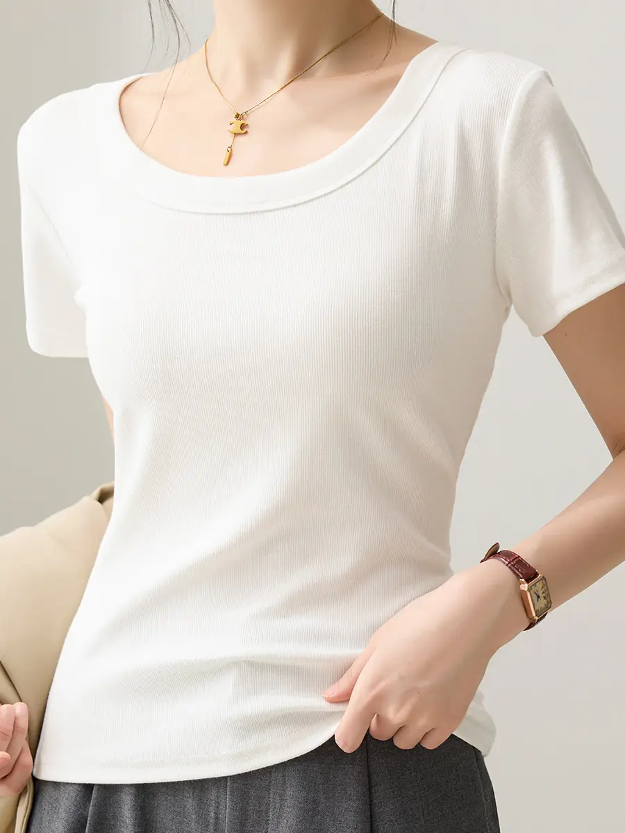 Solid Color Regular Shoulder Round Neck Short Sleeve T-Shirt for Women 2026 New Summer Versatile Slim Fit Cotton Base U-Neck Top