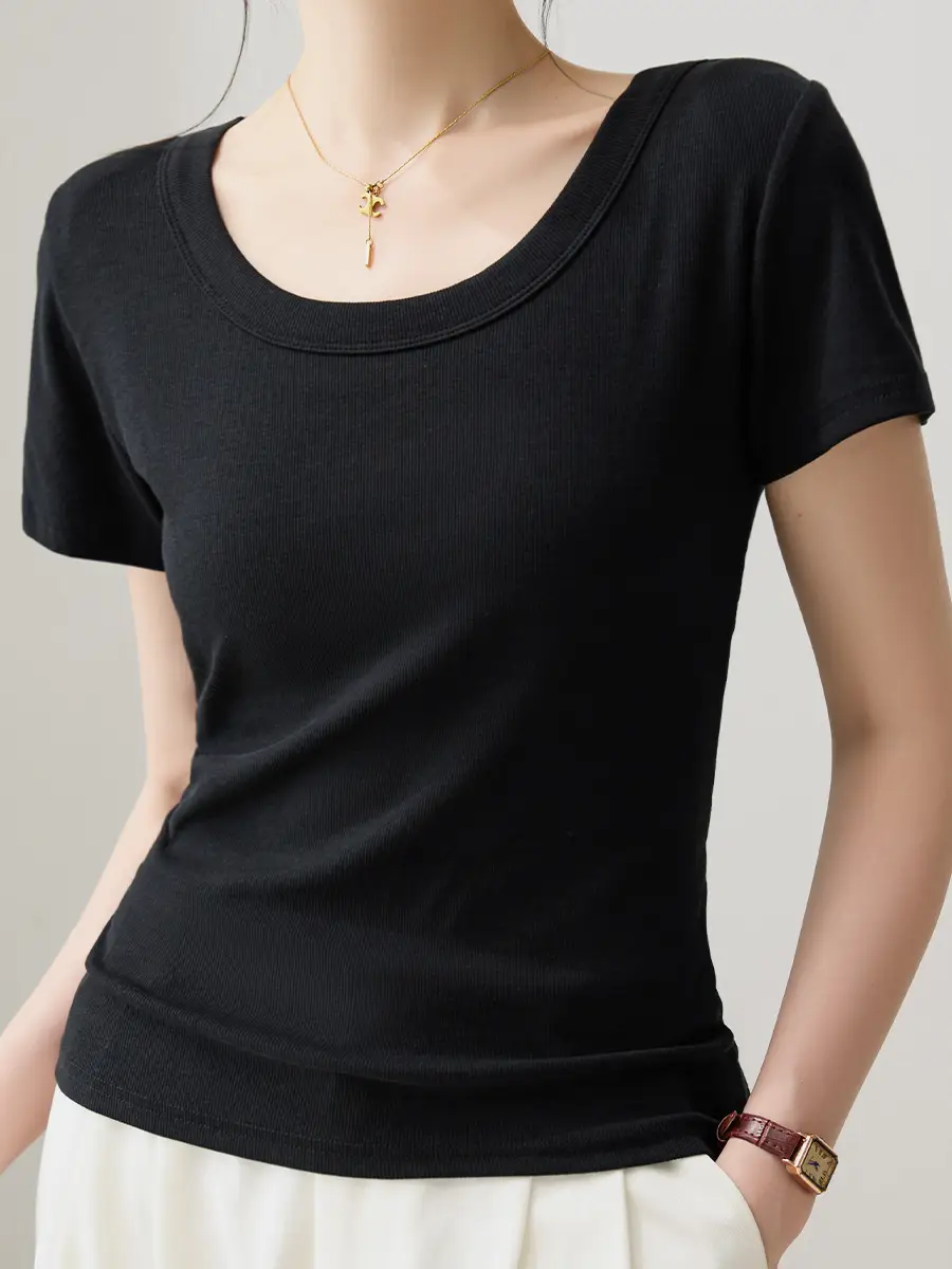 Solid Color Regular Shoulder Round Neck Short Sleeve T-Shirt for Women 2026 New Summer Versatile Slim Fit Cotton Base U-Neck Top
