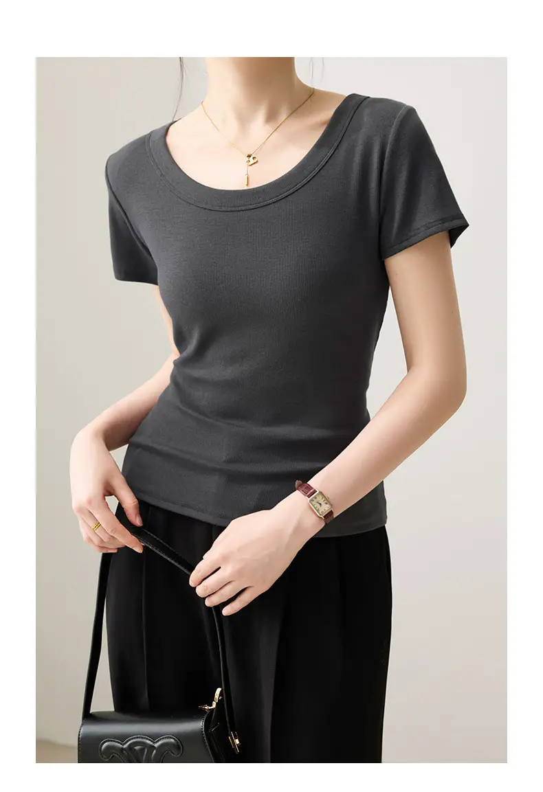Solid Color Regular Shoulder Round Neck Short Sleeve T-Shirt for Women 2026 New Summer Versatile Slim Fit Cotton Base U-Neck Top — feature 12