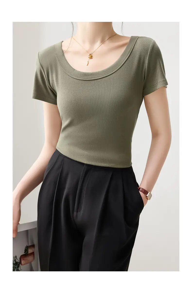 Solid Color Regular Shoulder Round Neck Short Sleeve T-Shirt for Women 2026 New Summer Versatile Slim Fit Cotton Base U-Neck Top — feature 13