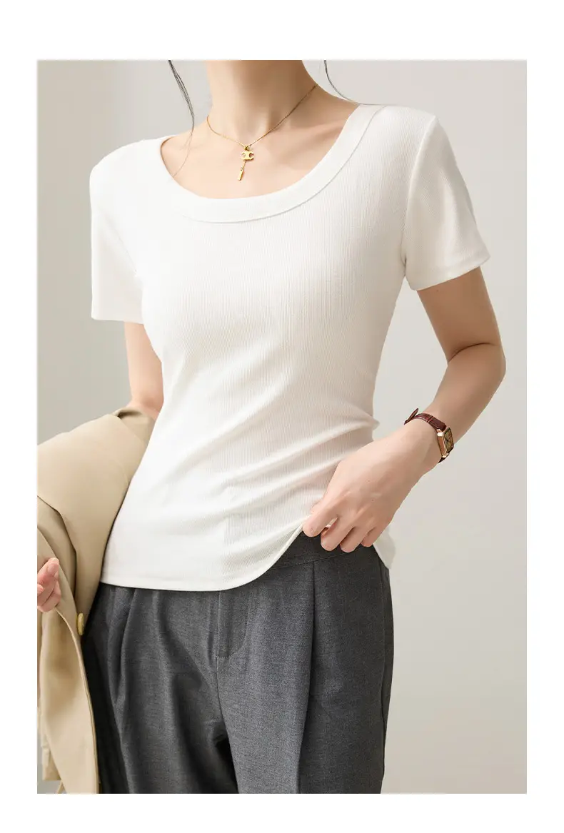 Solid Color Regular Shoulder Round Neck Short Sleeve T-Shirt for Women 2026 New Summer Versatile Slim Fit Cotton Base U-Neck Top — feature 14