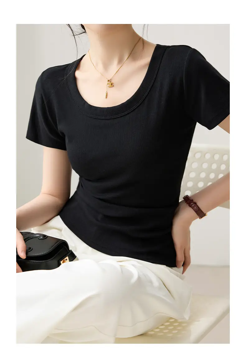 Solid Color Regular Shoulder Round Neck Short Sleeve T-Shirt for Women 2026 New Summer Versatile Slim Fit Cotton Base U-Neck Top — feature 15