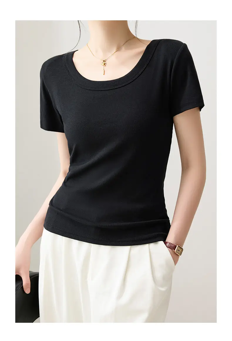 Solid Color Regular Shoulder Round Neck Short Sleeve T-Shirt for Women 2026 New Summer Versatile Slim Fit Cotton Base U-Neck Top — feature 16