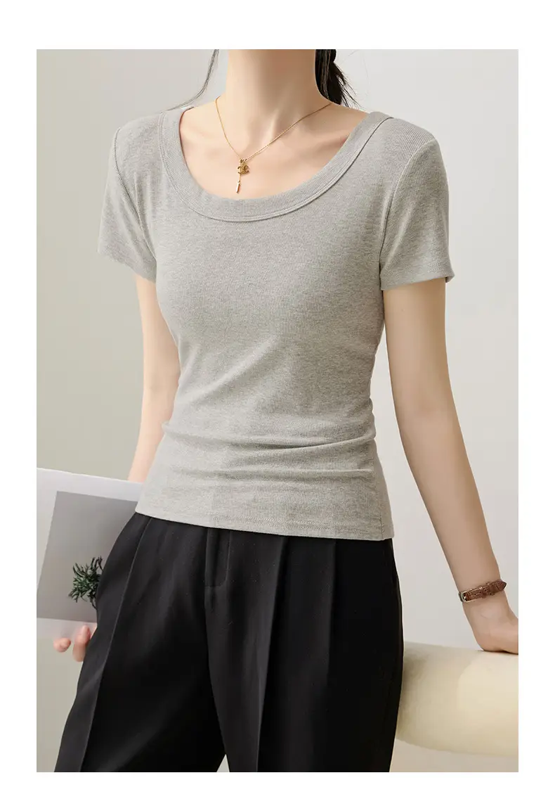 Solid Color Regular Shoulder Round Neck Short Sleeve T-Shirt for Women 2026 New Summer Versatile Slim Fit Cotton Base U-Neck Top — feature 17